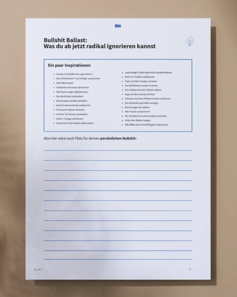 Gido-Vorlage Bullshit Ballast: Checkliste mit Aufgaben, die pflegende Eltern radikal ignorieren können, plus Platz für eigene Einträge